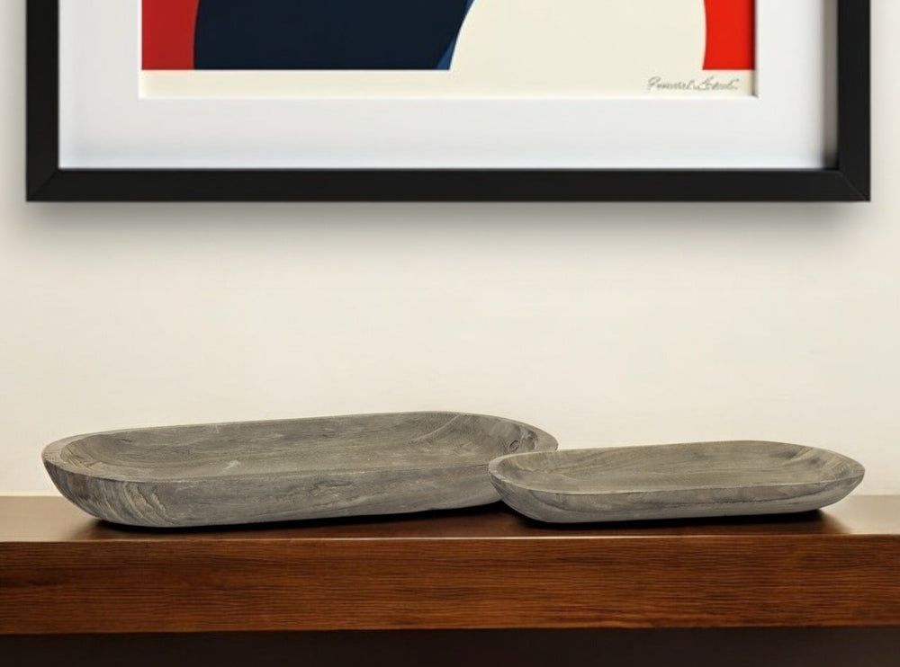 Homeroots Set Of Two Natural Brown Oval Solid Wood Serving Trays   516307