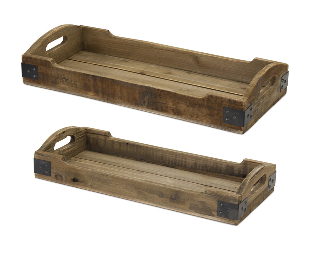 Homeroots Set Of Two Brown Rectangular Solid Wood Serving Tray With Handles   516309