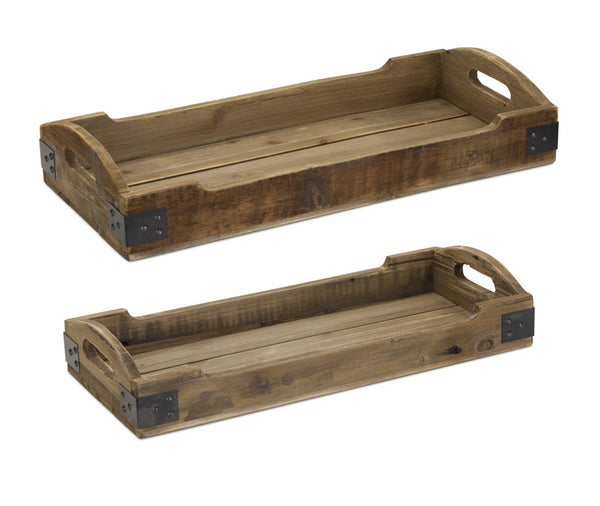 Homeroots Set Of Two Brown Rectangular Solid Wood Serving Tray With Handles   516309