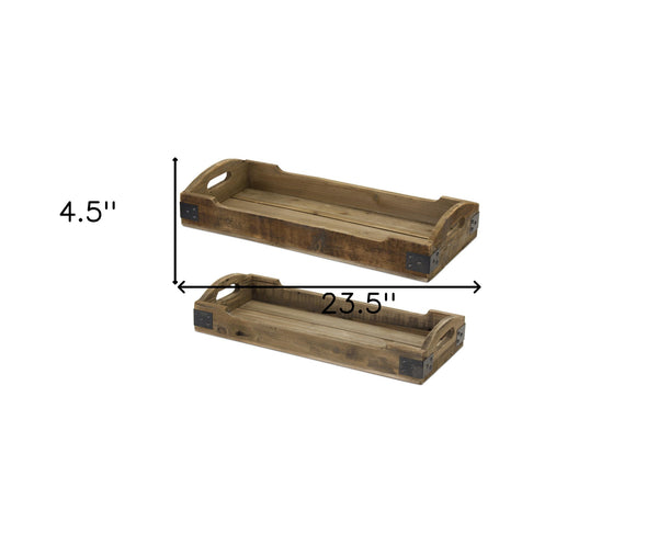 Homeroots Set Of Two Brown Rectangular Solid Wood Serving Tray With Handles   516309