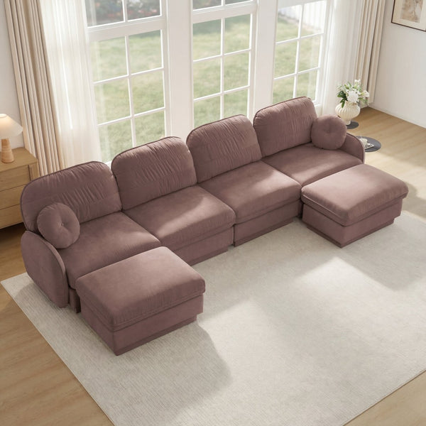 English Elm 137" Oversized U-shaped Chenille Sectional with Ottoman Quilted Cushions for Spacious Living Rose Dust W714S01782