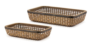 Homeroots Set Of Two Brown Rectangular Woven Bamboo Wood Serving Tray   516312