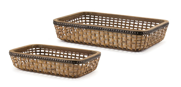 Homeroots Set Of Two Brown Rectangular Woven Bamboo Wood Serving Tray   516312