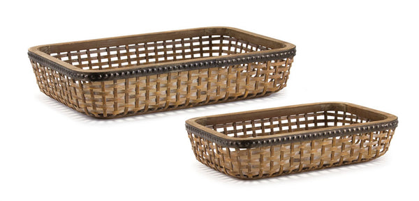 Homeroots Set Of Two Brown Rectangular Woven Bamboo Wood Serving Tray   516312