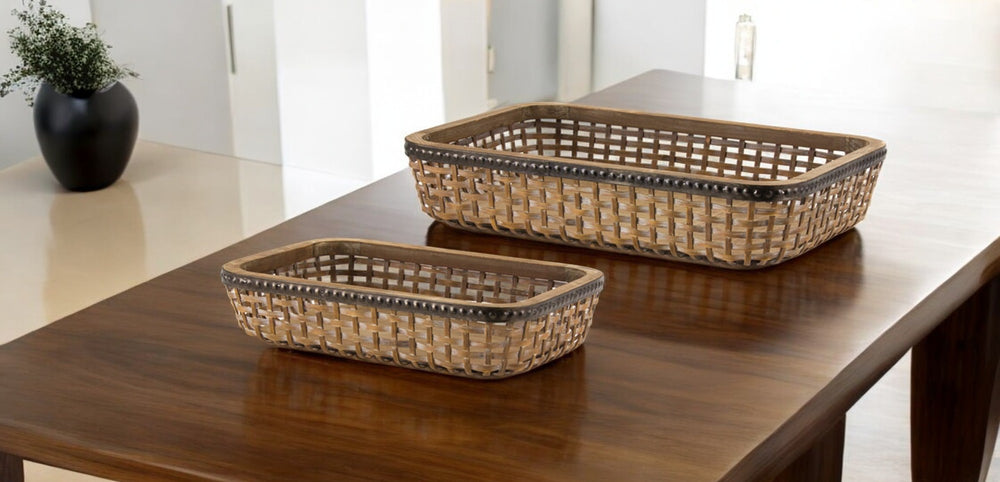 Homeroots Set Of Two Brown Rectangular Woven Bamboo Wood Serving Tray   516312