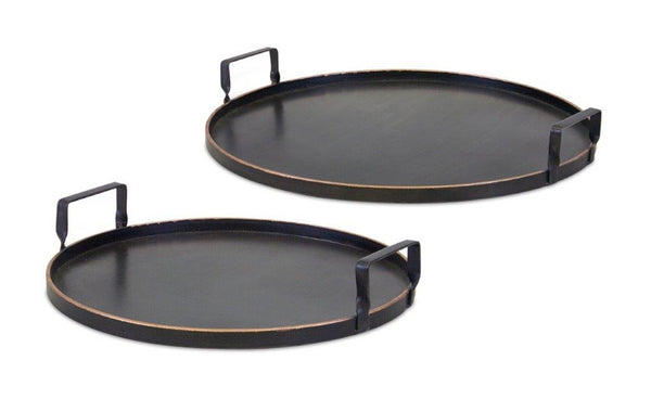 Homeroots Set Of Two Black And Gold Round Metal Serving Tray With Handles   516314