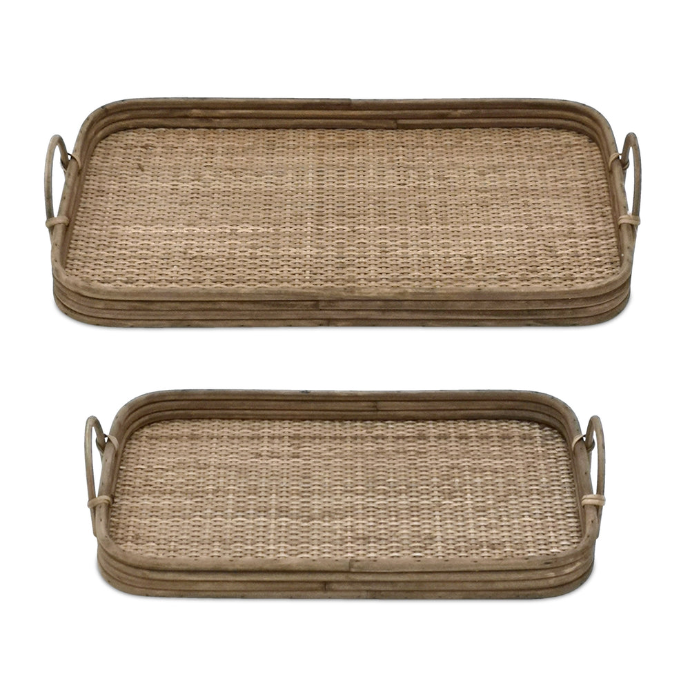 Homeroots Set Of Two Brown Rattan Serving Tray With Handles   516316