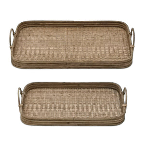 Homeroots Set Of Two Brown Rattan Serving Tray With Handles   516316