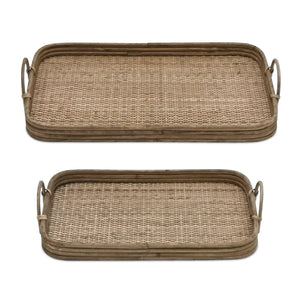 Homeroots Set Of Two Brown Rattan Serving Tray With Handles   516316