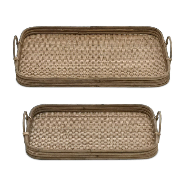 Homeroots Set Of Two Brown Rattan Serving Tray With Handles   516316