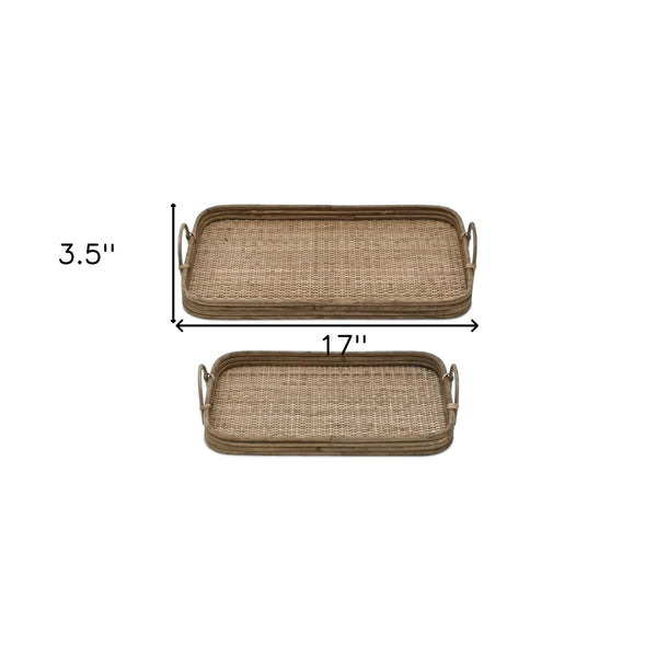 Homeroots Set Of Two Brown Rattan Serving Tray With Handles   516316