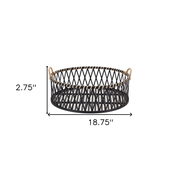 Homeroots Set Of Two Black And Tan Round Bamboo Serving Tray With Handles   516321