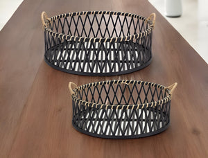 Homeroots Set Of Two Black And Tan Round Bamboo Serving Tray With Handles   516321