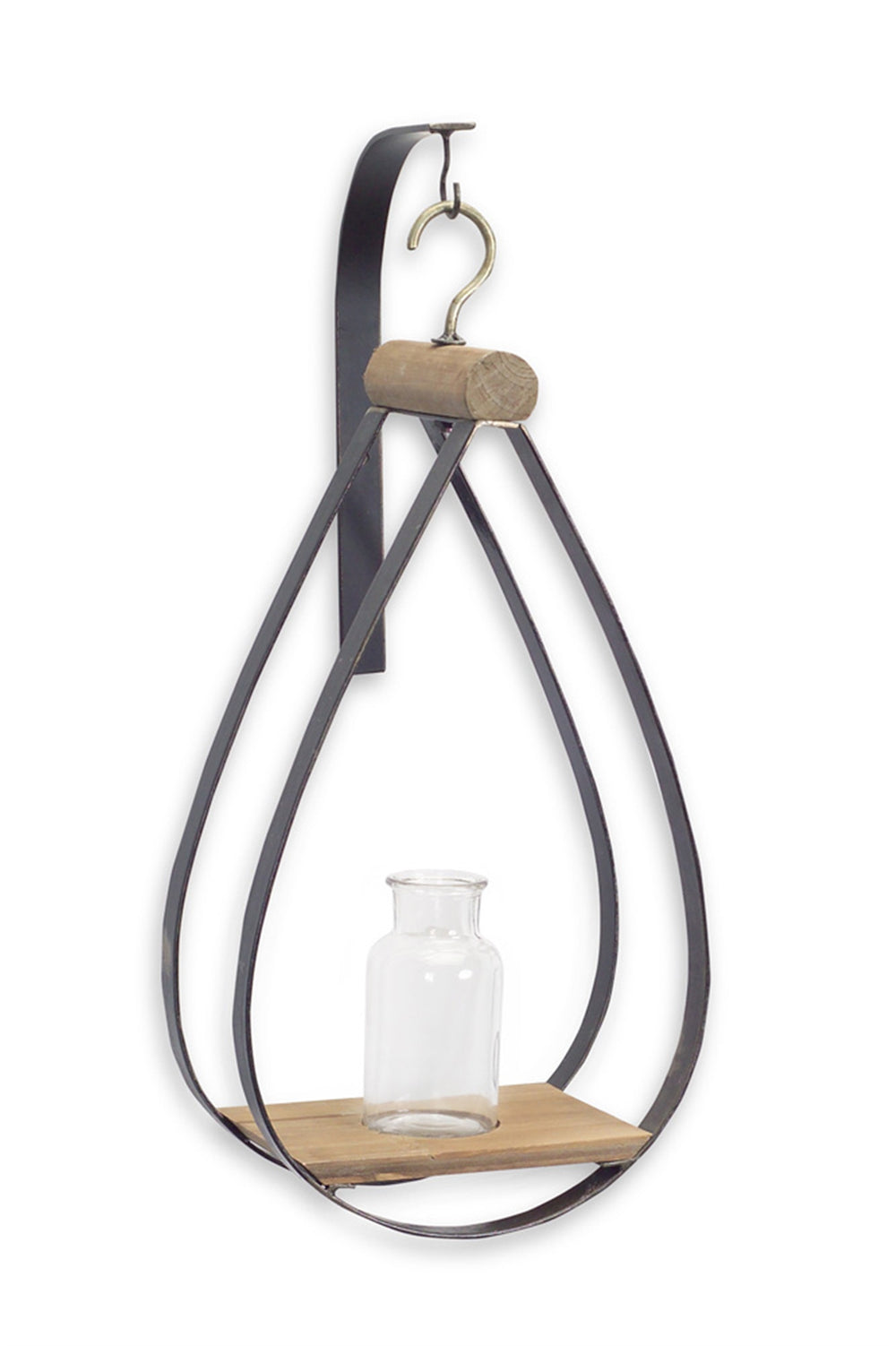 Homeroots Set Of Two Clear Brown And Black Metal Glass And Wood Wall Vases  Metal,Glass,Wood 516333