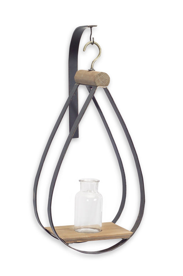 Homeroots Set Of Two Clear Brown And Black Metal Glass And Wood Wall Vases  Metal,Glass,Wood 516333