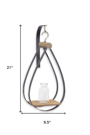 Homeroots Set Of Two Clear Brown And Black Metal Glass And Wood Wall Vases  Metal,Glass,Wood 516333