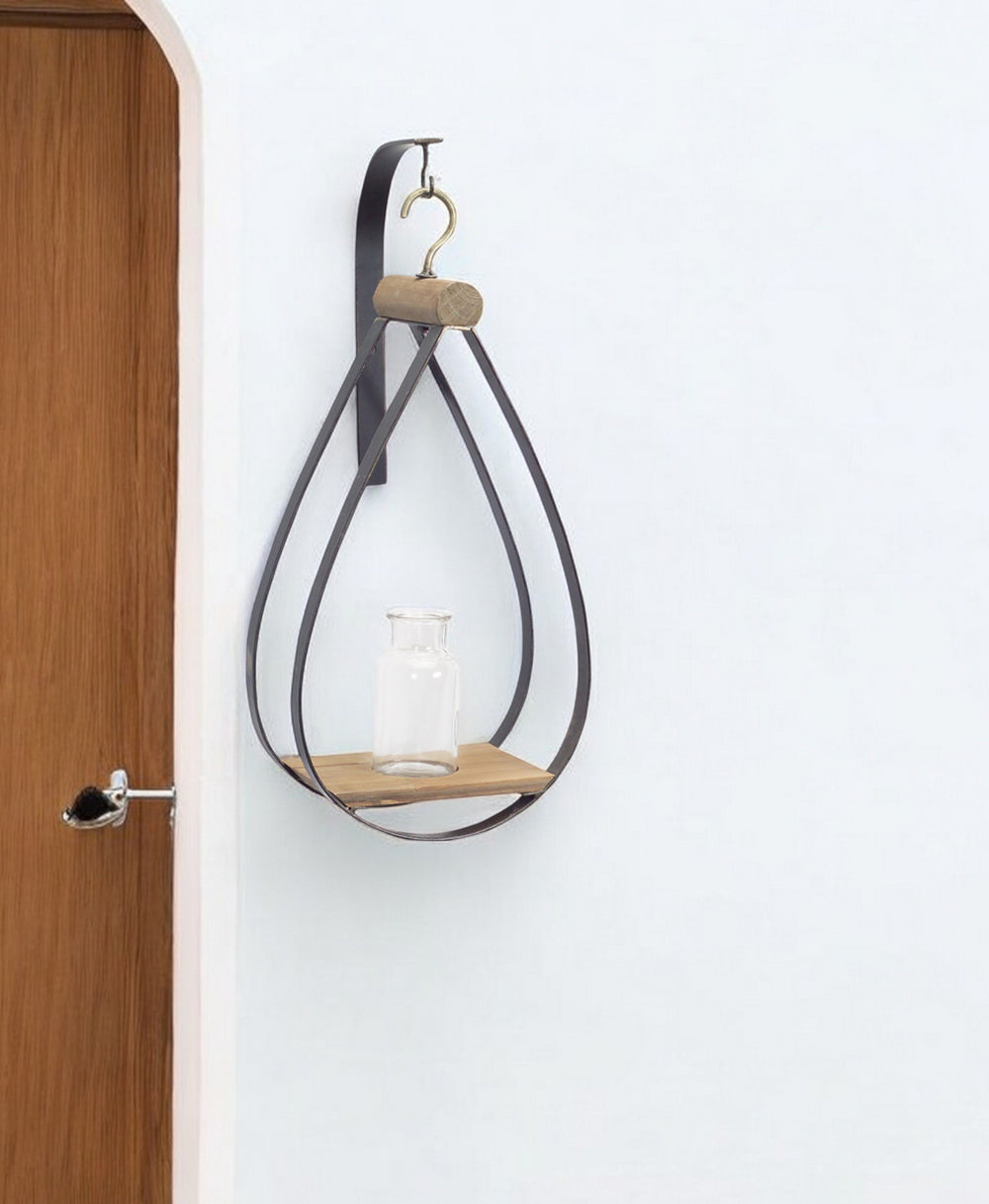 Homeroots Set Of Two Clear Brown And Black Metal Glass And Wood Wall Vases  Metal,Glass,Wood 516333