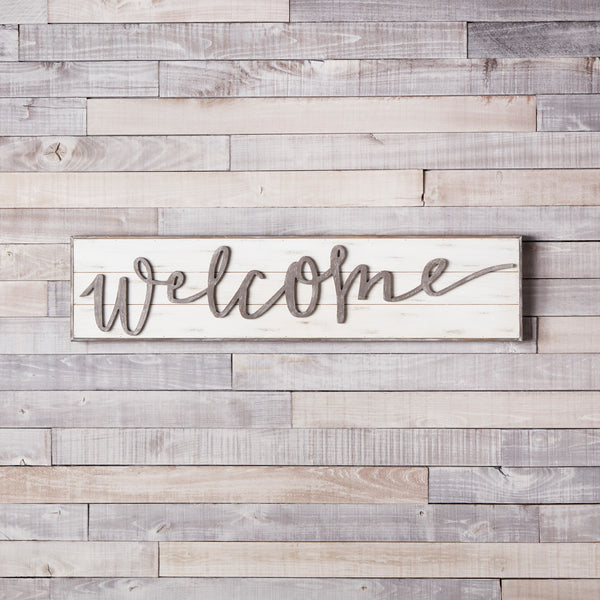 Homeroots 11" X 48" White And Gray Welcome Solid And Manufactured Wood Wall Decor  Solid And Manufactured Wood 516340