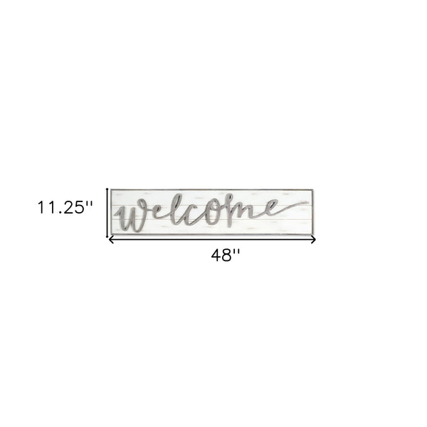Homeroots 11" X 48" White And Gray Welcome Solid And Manufactured Wood Wall Decor  Solid And Manufactured Wood 516340