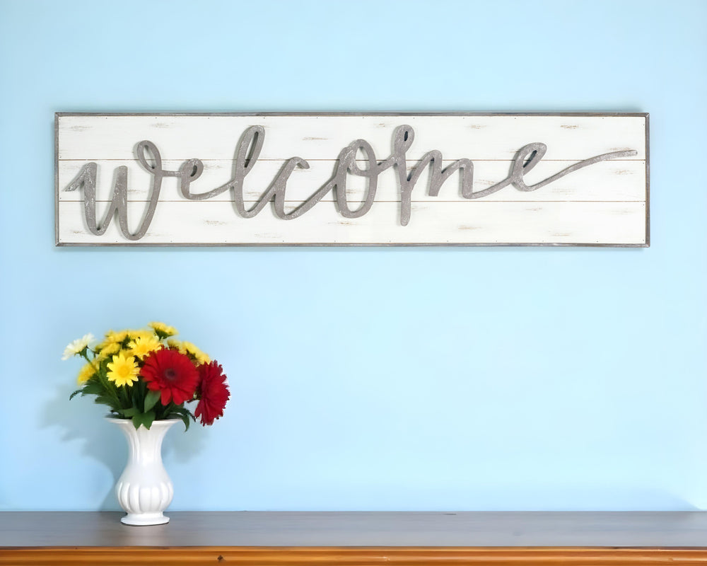 Homeroots 11" X 48" White And Gray Welcome Solid And Manufactured Wood Wall Decor  Solid And Manufactured Wood 516340