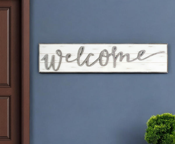 Homeroots 11" X 48" White And Gray Welcome Solid And Manufactured Wood Wall Decor  Solid And Manufactured Wood 516340