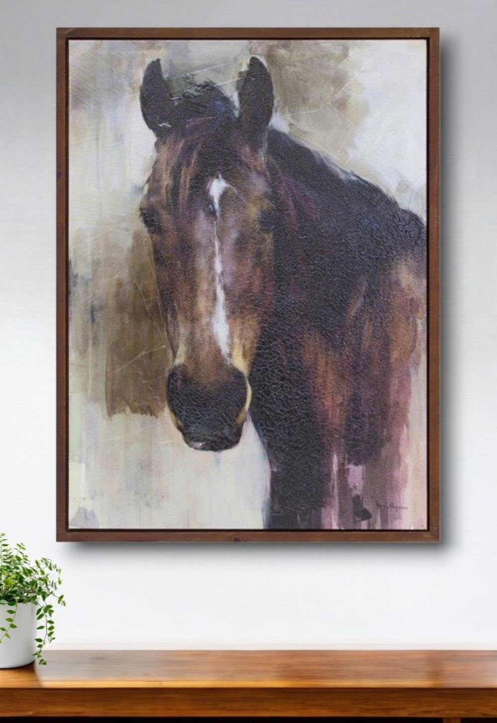 HomeRoots 32" Striking Brown, Black & White Horse Wood Framed Art – Rustic Modern Wall Décor for Home & Office 516356