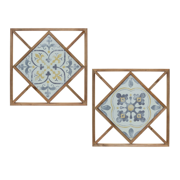 Homeroots Set Of Two 14" X 0" White Blue And Brown Floral Wood And Metal Framed Art  Wood And Metal 516365