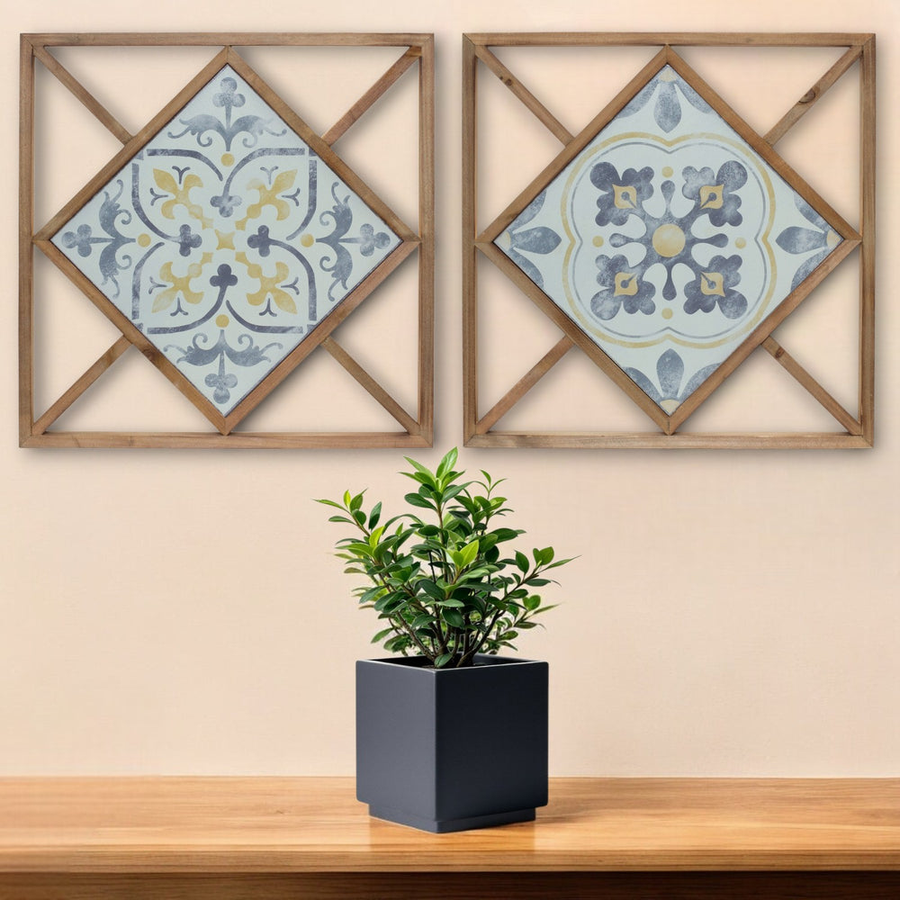 Homeroots Set Of Two 14" X 0" White Blue And Brown Floral Wood And Metal Framed Art  Wood And Metal 516365