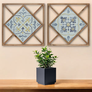 Homeroots Set Of Two 14" X 0" White Blue And Brown Floral Wood And Metal Framed Art  Wood And Metal 516365