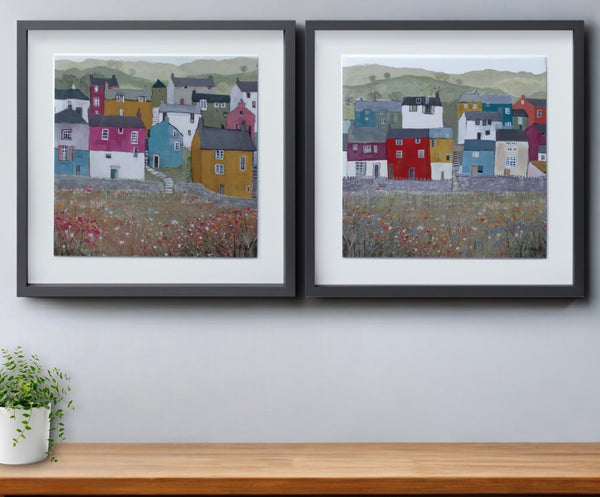HomeRoots Set of Two Charming Gray Green Yellow Framed Artworks for Modern Home Décor and Easy Hanging 516380