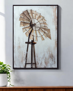HomeRoots 28" Rustic Windmill Framed Wall Art in Black, Brown & White – Vintage Charm for Any Space! 516392