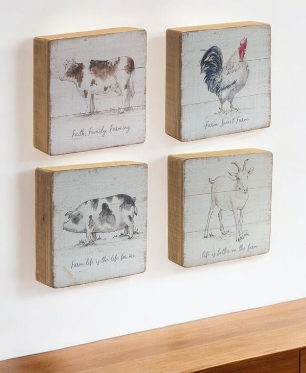 Homeroots Set Of Four 8" X 8" White And Natural Farm Animals Wood Framed Art  Wood 516401