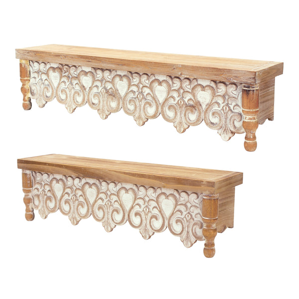 Homeroots 30" Set Of Two Brown With Whitewash Solid Wood Wall Mounted Floating Shelves  Solid Wood 516404