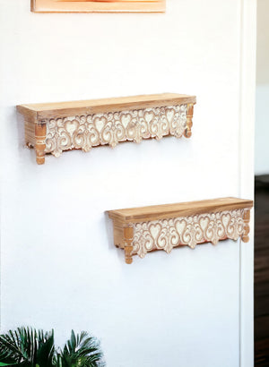 Homeroots 30" Set Of Two Brown With Whitewash Solid Wood Wall Mounted Floating Shelves  Solid Wood 516404