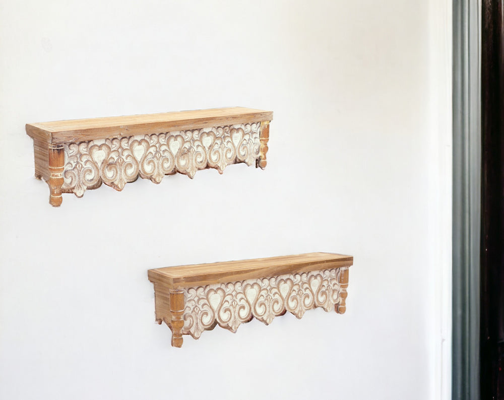 Homeroots 30" Set Of Two Brown With Whitewash Solid Wood Wall Mounted Floating Shelves  Solid Wood 516404