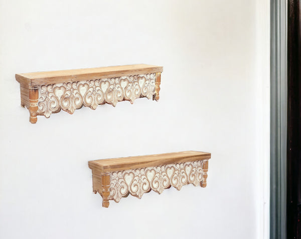 Homeroots 30" Set Of Two Brown With Whitewash Solid Wood Wall Mounted Floating Shelves  Solid Wood 516404