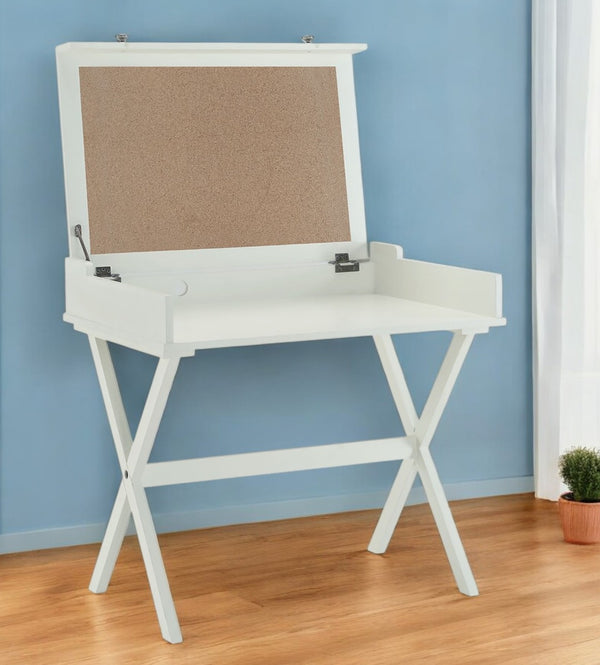 HomeRoots 34" Antiqued White Flip Top Desk - Space-Saving Workstation with Concealed Storage & Classic Style 516424