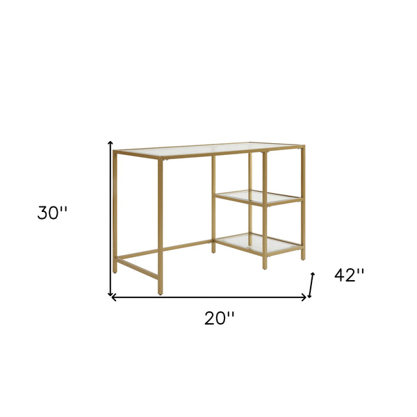 Homeroots 42" Clear And Gold Glass And Metal Computer Desk - Modern Glam Style With Functional Storage Shelves   516427