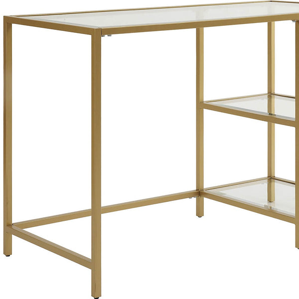 Homeroots 42" Clear And Gold Glass And Metal Computer Desk - Modern Glam Style With Functional Storage Shelves   516427