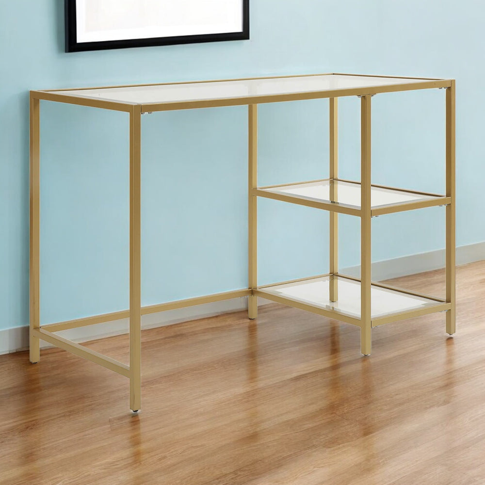 Homeroots 42" Clear And Gold Glass And Metal Computer Desk - Modern Glam Style With Functional Storage Shelves   516427