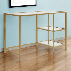 Homeroots 42" Clear And Gold Glass And Metal Computer Desk - Modern Glam Style With Functional Storage Shelves   516427