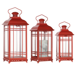 Homeroots Set Of Three Red Glass And Metal Geometric Floor Lantern Candle Holders   516434