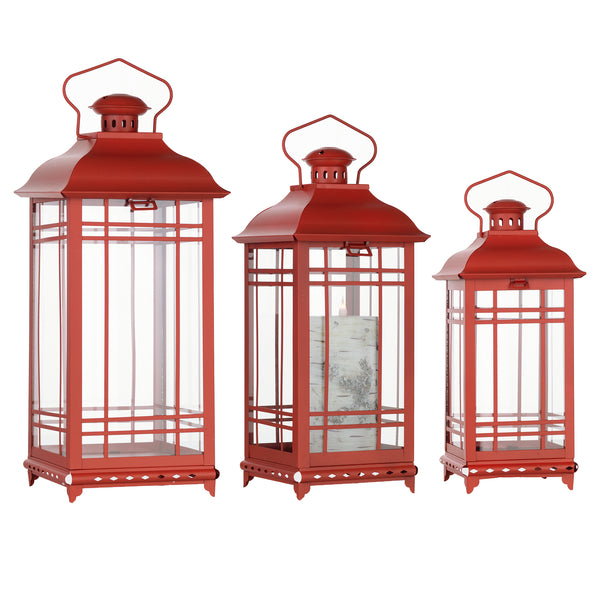 Homeroots Set Of Three Red Glass And Metal Geometric Floor Lantern Candle Holders   516434