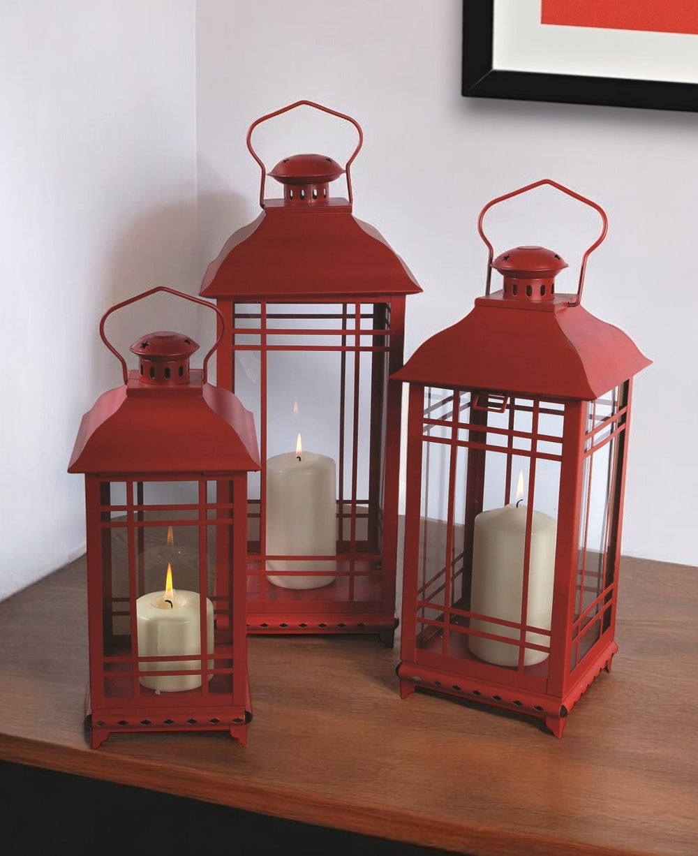 Homeroots Set Of Three Red Glass And Metal Geometric Floor Lantern Candle Holders   516434