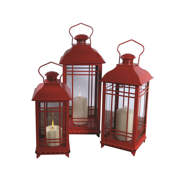 Homeroots Set Of Three Red Glass And Metal Geometric Floor Lantern Candle Holders   516434