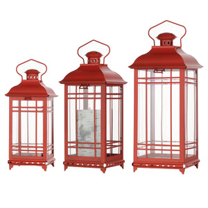 Homeroots Set Of Three Red Glass And Metal Geometric Floor Lantern Candle Holders   516434