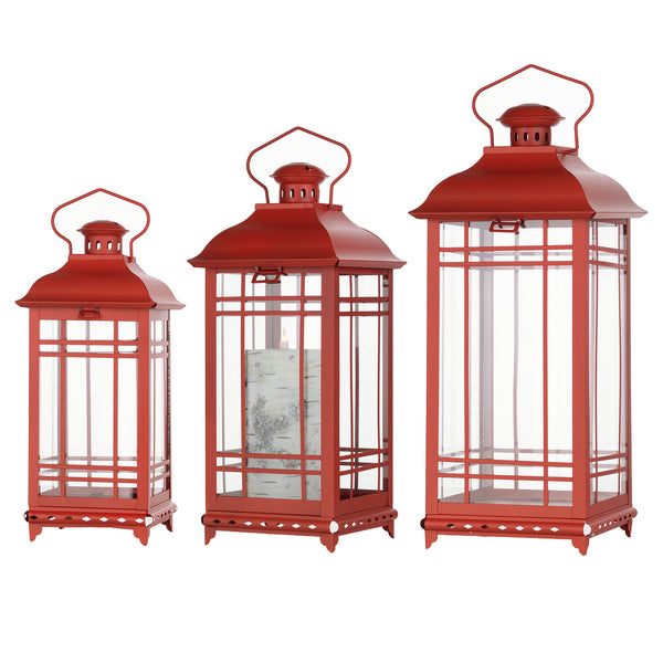 Homeroots Set Of Three Red Glass And Metal Geometric Floor Lantern Candle Holders   516434