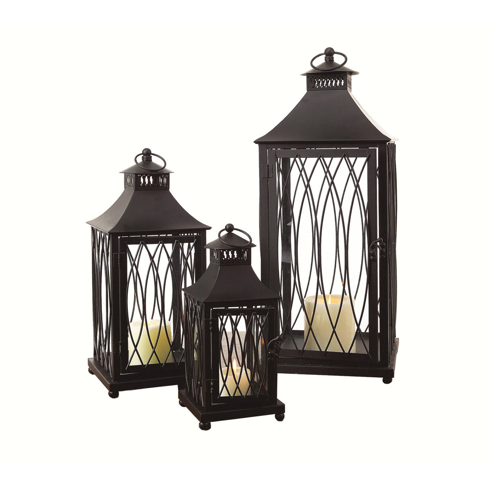 Homeroots Set Of Three Black Glass And Metal Geometric Floor Lantern Candle Holders   516435