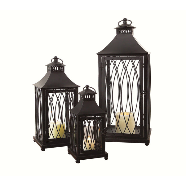 Homeroots Set Of Three Black Glass And Metal Geometric Floor Lantern Candle Holders   516435