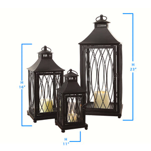 Homeroots Set Of Three Black Glass And Metal Geometric Floor Lantern Candle Holders   516435
